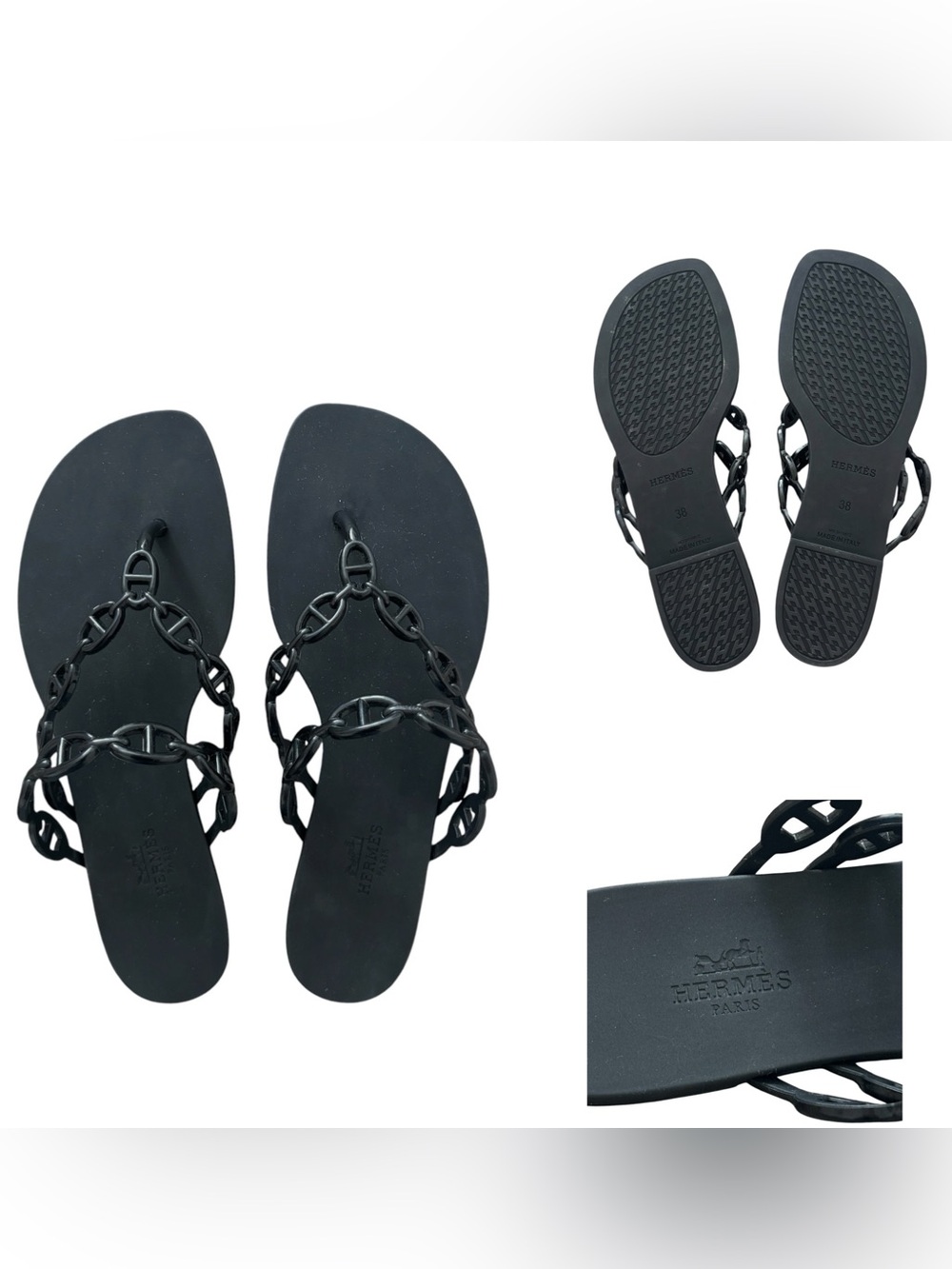 Hermes Black Chain-Link Leather Sandal Thong Flats